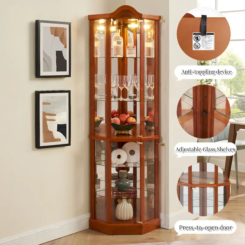 Vitrine d'angle éclairée avec tablettes en verre réglables et décor sculpté