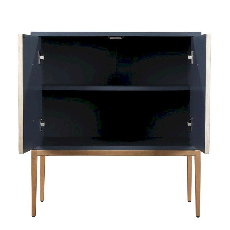 Buffet bas de rangement 2 portes style Mid-Century Modern avec étagère et détails en laiton brossé pour salon ou salle à manger