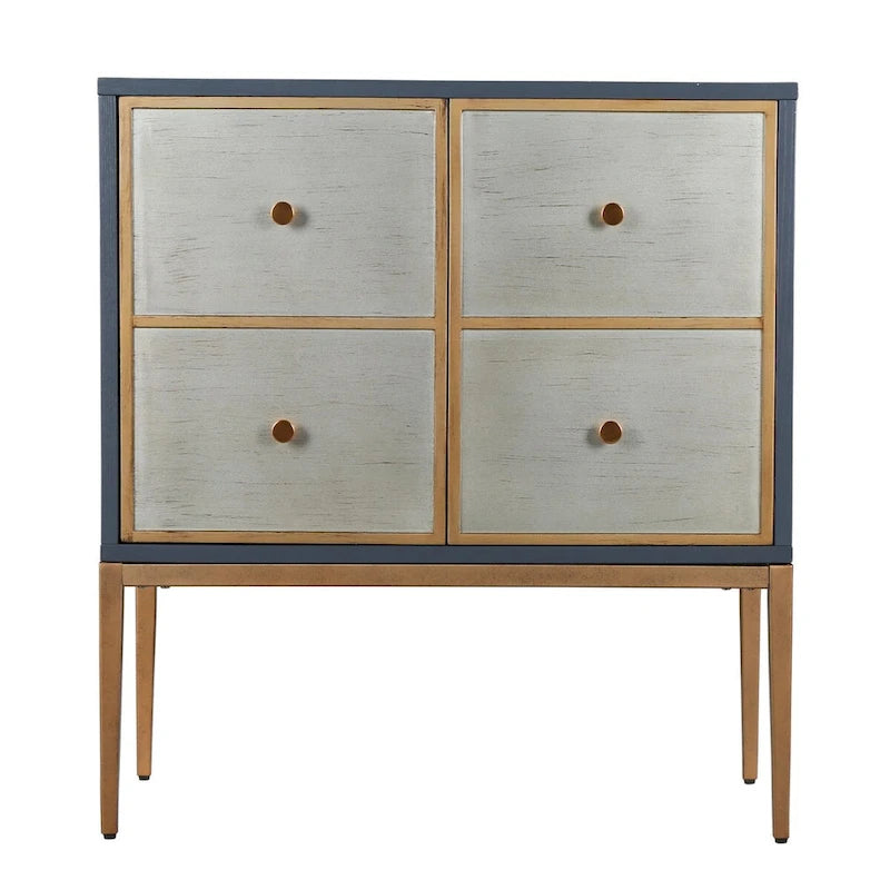 Buffet bas de rangement 2 portes style Mid-Century Modern avec étagère et détails en laiton brossé pour salon ou salle à manger