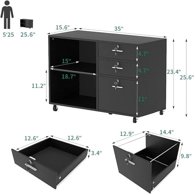 Caisson de bureau en bois à 3 tiroirs - 15,6 po P x 35 po L x 25,6 po H