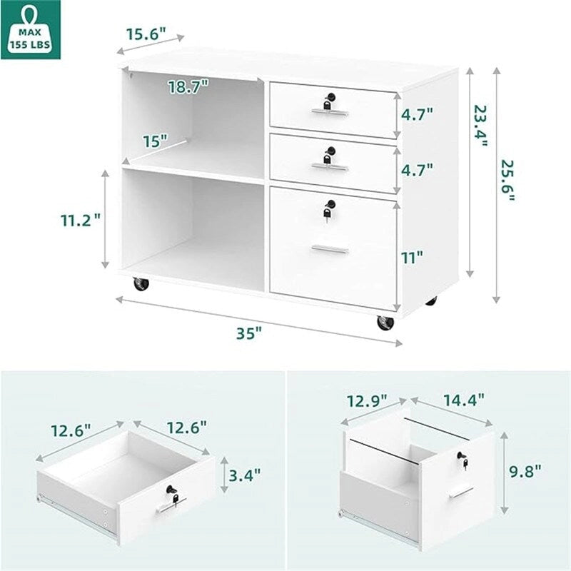 Caisson de bureau en bois à 3 tiroirs - 15,6 po P x 35 po L x 25,6 po H