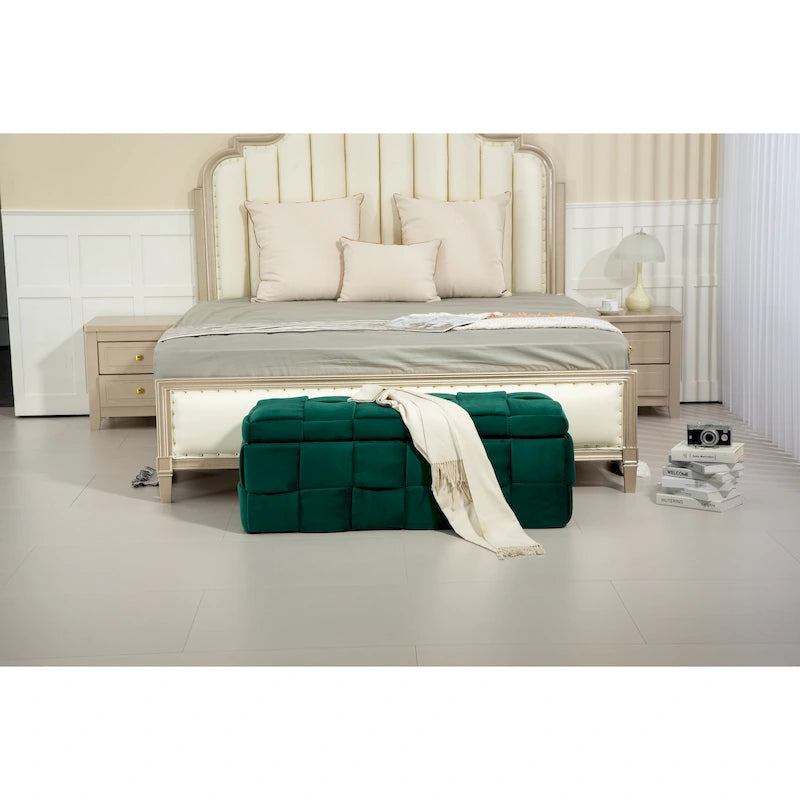 Pouf de rangement en tissu capitonné avec charnière de sécurité