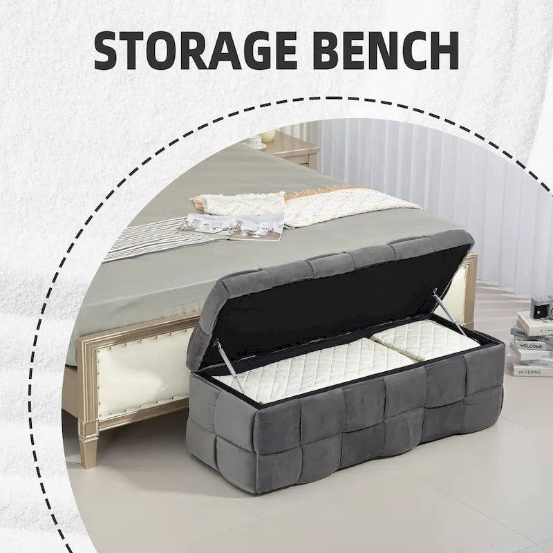 Pouf de rangement en tissu capitonné avec charnière de sécurité