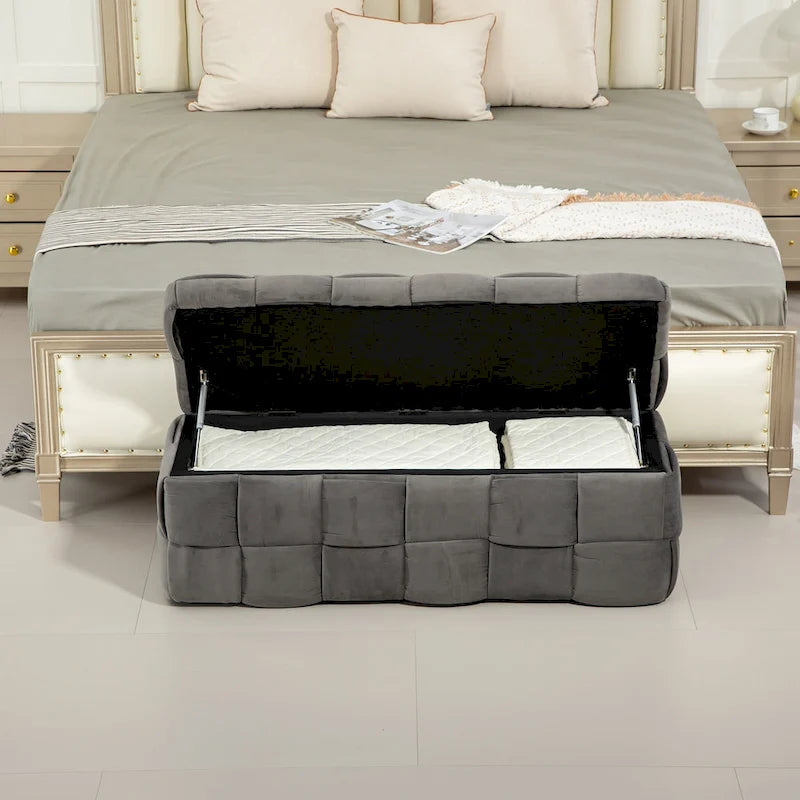 Pouf de rangement en tissu capitonné avec charnière de sécurité