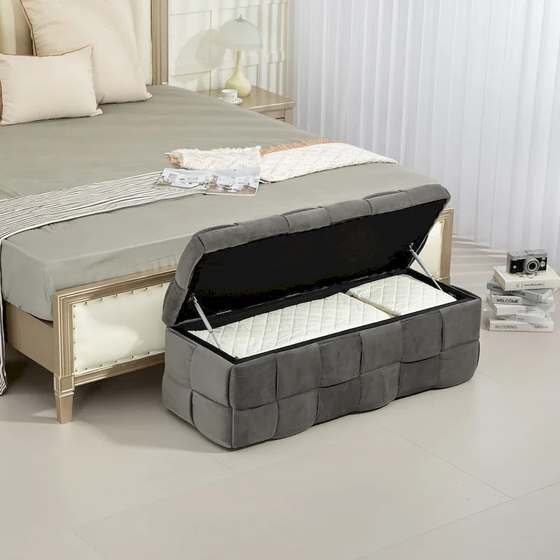 Pouf de rangement en tissu capitonné avec charnière de sécurité