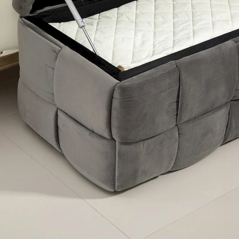 Pouf de rangement en tissu capitonné avec charnière de sécurité
