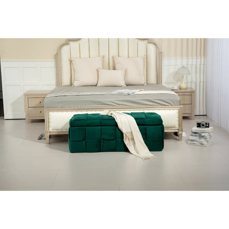 Pouf de rangement en tissu capitonné avec charnière de sécurité