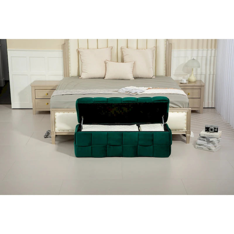 Pouf de rangement en tissu capitonné avec charnière de sécurité