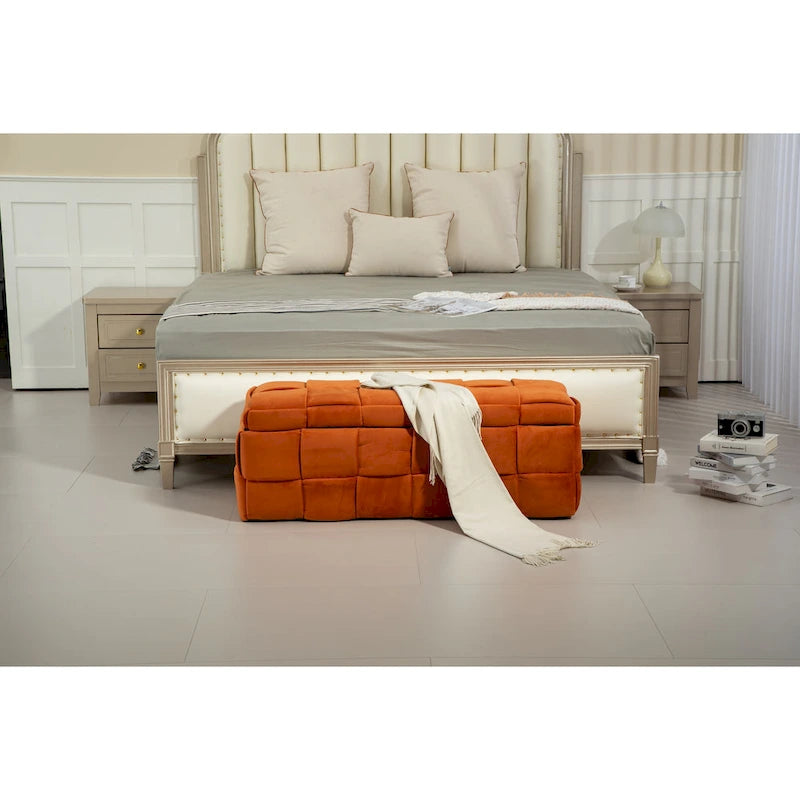 Pouf de rangement en tissu capitonné avec charnière de sécurité