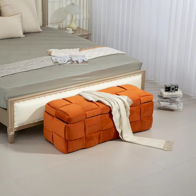 Pouf de rangement en tissu capitonné avec charnière de sécurité