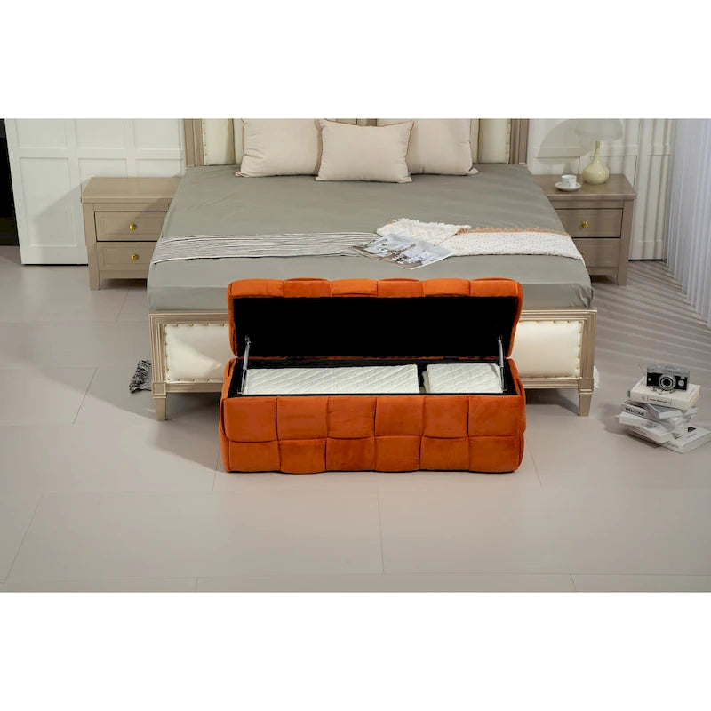 Pouf de rangement en tissu capitonné avec charnière de sécurité