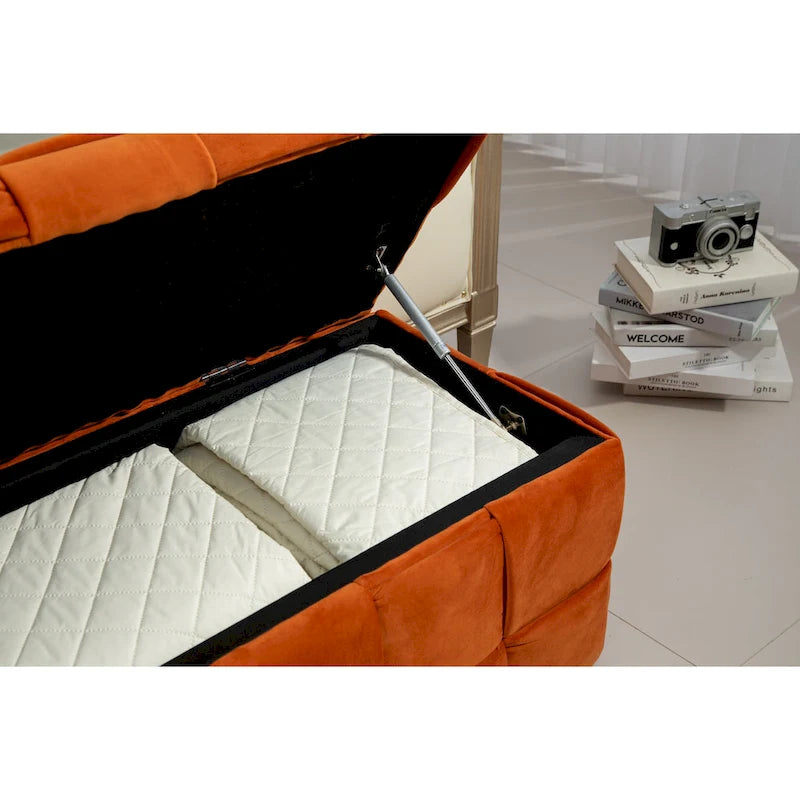 Pouf de rangement en tissu capitonné avec charnière de sécurité
