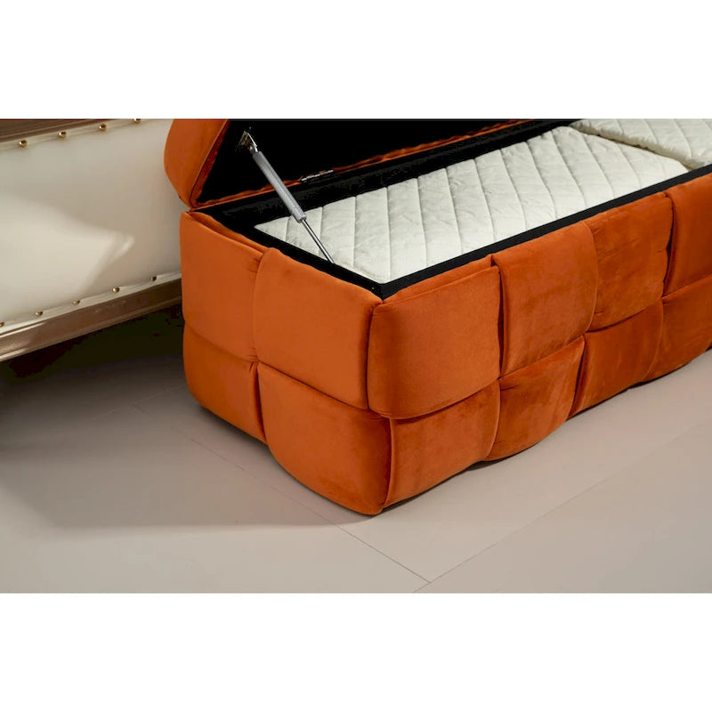 Pouf de rangement en tissu capitonné avec charnière de sécurité