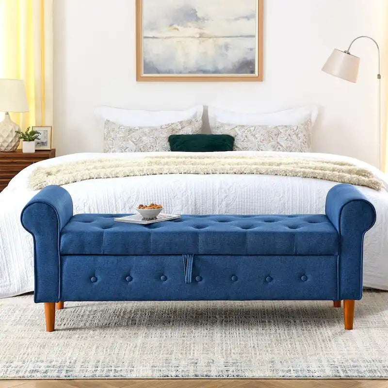 Banc de rangement capitonné pour chambre à coucher, 62 po, pouf moderne en tissu rembourré, banc de fenêtre, design à accoudoirs enroulés
