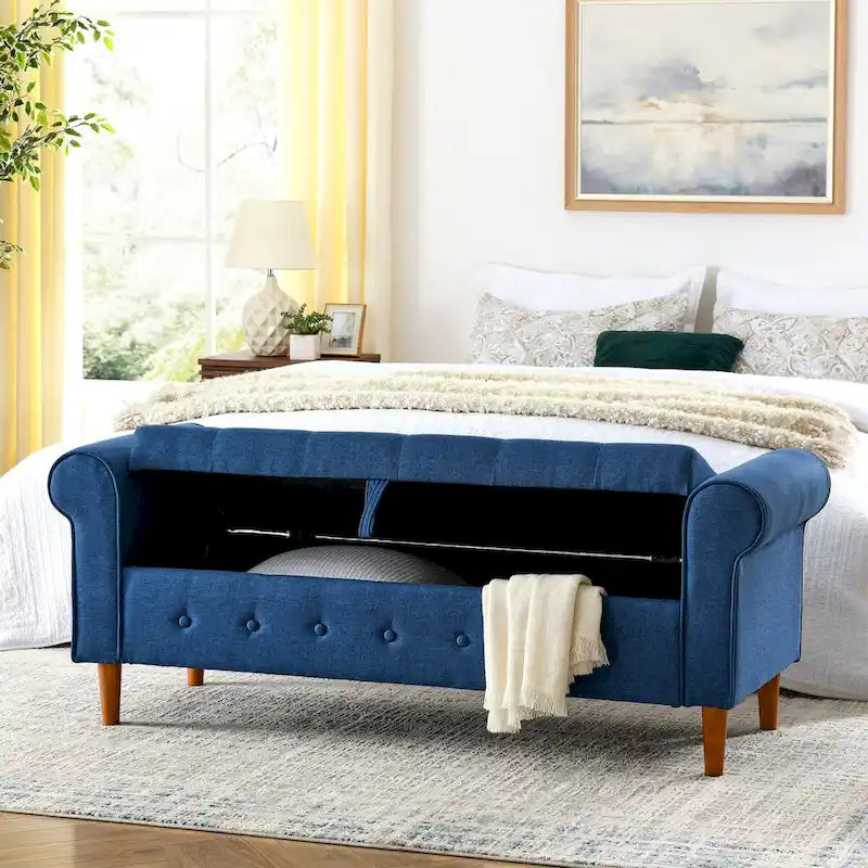 Banc de rangement capitonné pour chambre à coucher, 62 po, pouf moderne en tissu rembourré, banc de fenêtre, design à accoudoirs enroulés