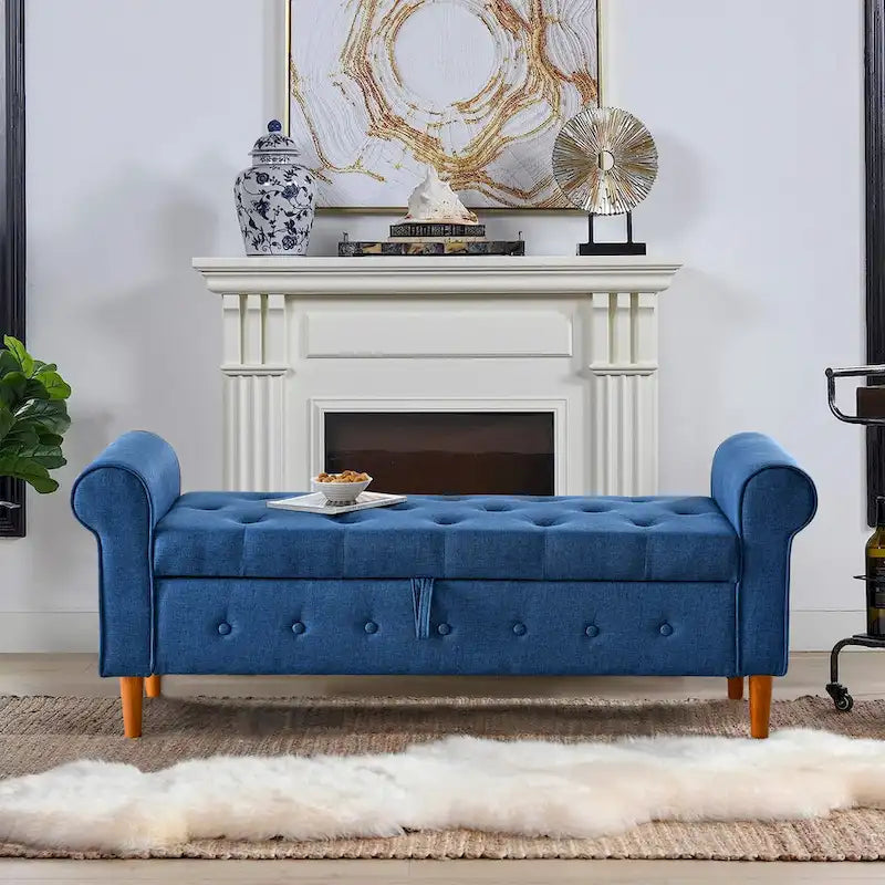 Banc de rangement capitonné pour chambre à coucher, 62 po, pouf moderne en tissu rembourré, banc de fenêtre, design à accoudoirs enroulés
