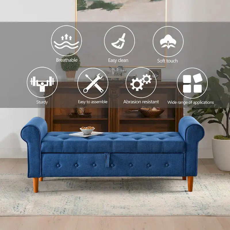 Banc de rangement capitonné pour chambre à coucher, 62 po, pouf moderne en tissu rembourré, banc de fenêtre, design à accoudoirs enroulés