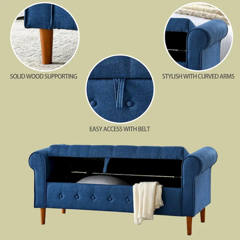Banc de rangement capitonné pour chambre à coucher, 62 po, pouf moderne en tissu rembourré, banc de fenêtre, design à accoudoirs enroulés