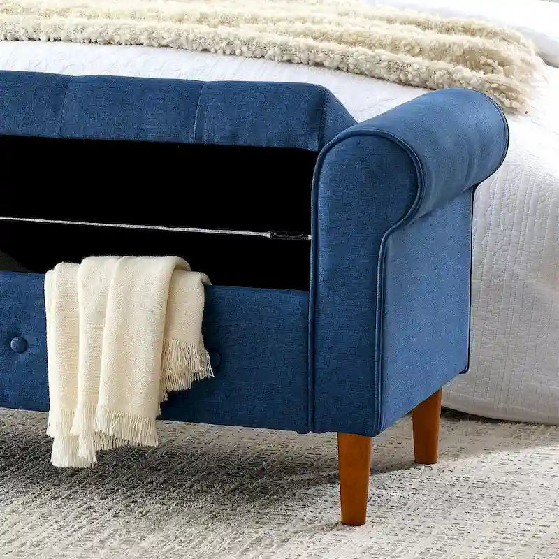 Banc de rangement capitonné pour chambre à coucher, 62 po, pouf moderne en tissu rembourré, banc de fenêtre, design à accoudoirs enroulés