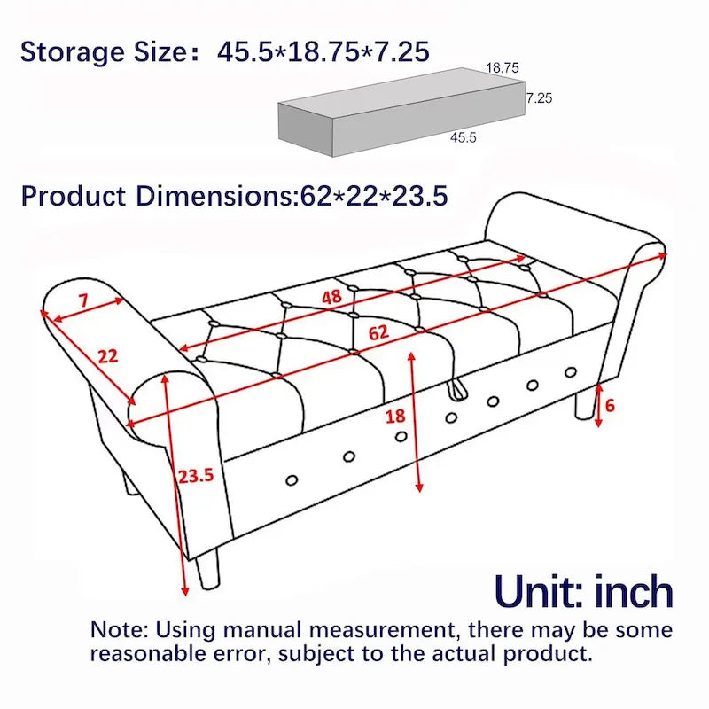 Banc de rangement capitonné pour chambre à coucher, 62 po, pouf moderne en tissu rembourré, banc de fenêtre, design à accoudoirs enroulés