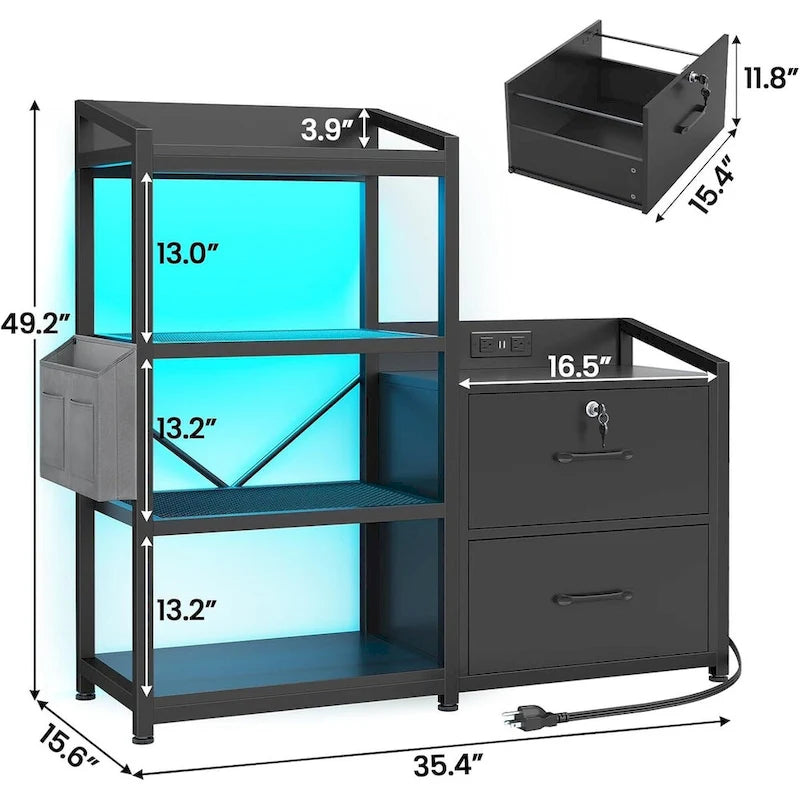 Caisson de rangement à 2 tiroirs avec multiprise, éclairage LED, serrure et étagère ouverte