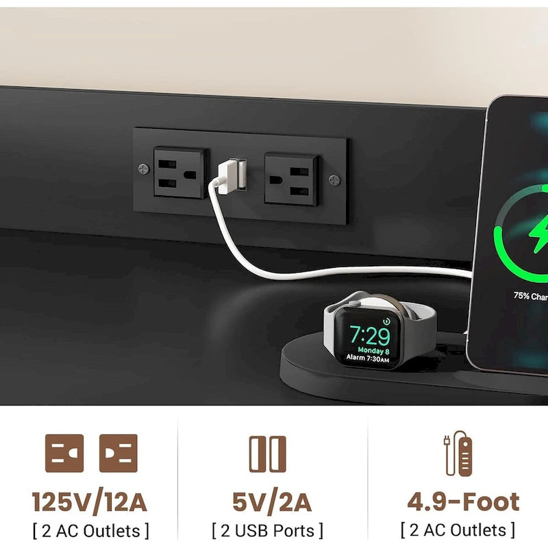 Caisson de rangement à 2 tiroirs avec multiprise, éclairage LED, serrure et étagère ouverte